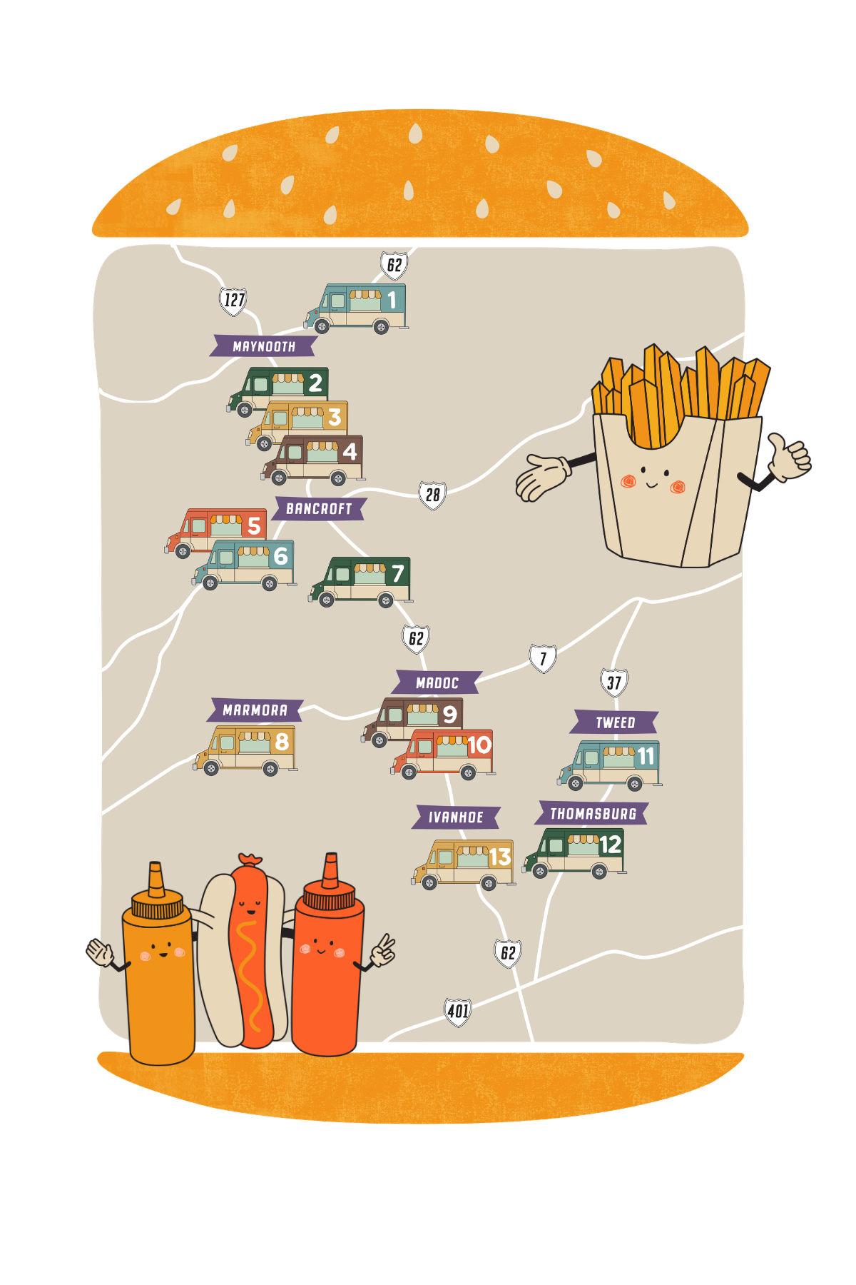 Stylized map of food truck locations. Not an accurate representation