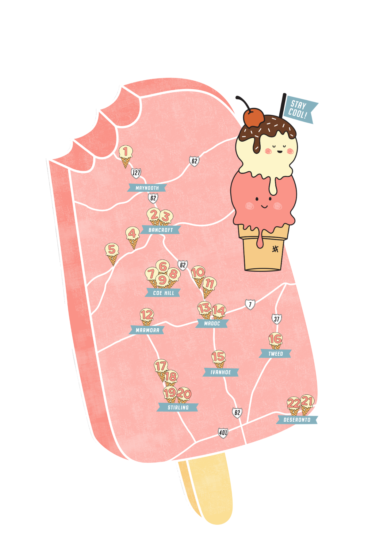 Stylized map of ice cream locations. Not an accurate representation