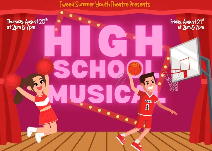 Cartoon of a cheerleader cheering on a basketball player going for a dunk, event details