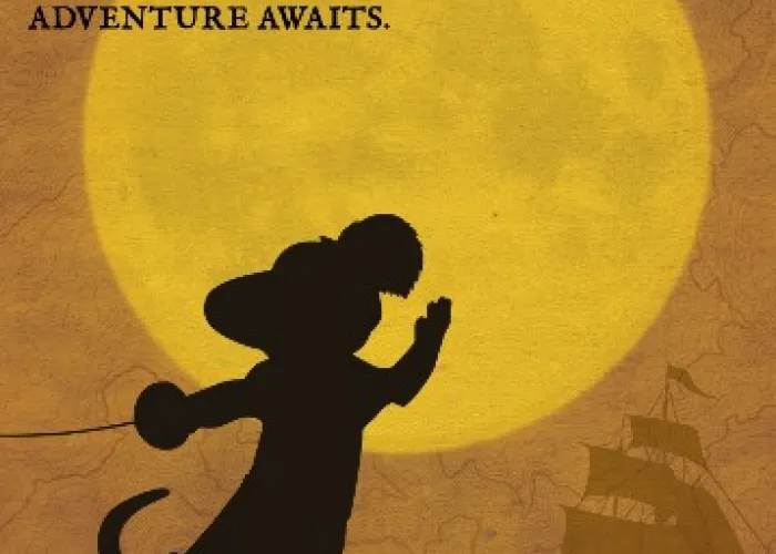 Shadow figure of puss n boots wielding sword in front of ship and moon with event title