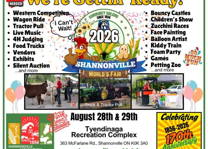 Event details and description of festivities, photos of previous events, cartoon of rooster, eggs, corn on the cob