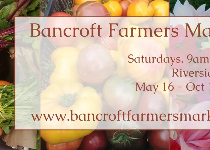 Fresh vegetables, tomatoes, flowers in background, event name and details in foreground