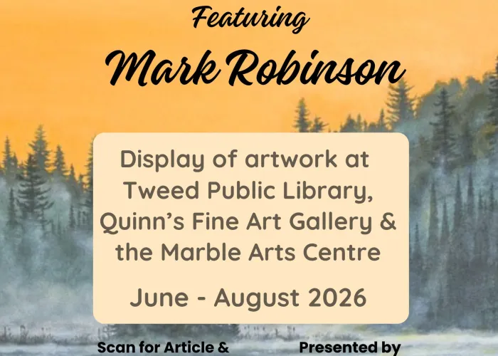 Mark Robinson artwork of orange sky, forest on a hill, lake and meadow in foreground, event details