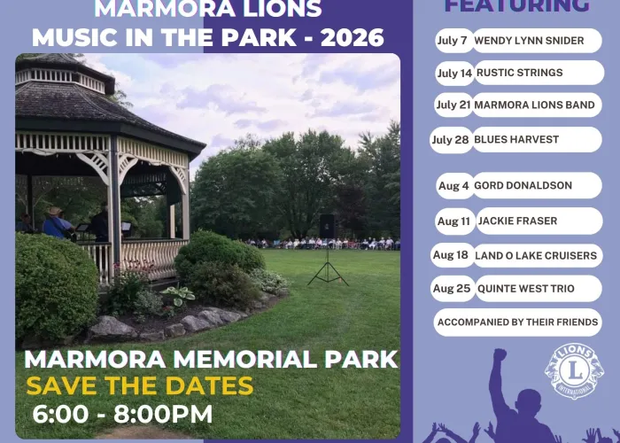 Photo of Gazebo in park, musicians in gazebo, speaker, and audience in lawn chairs in background, event dates and details