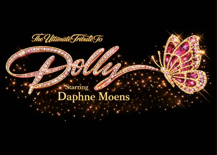 Name of event and performer written in crystals and surrounded by sparkles on black background, bejeweled butterfly