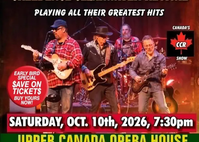 Three guitarists and one drummer performing on stage, event and venue details listed