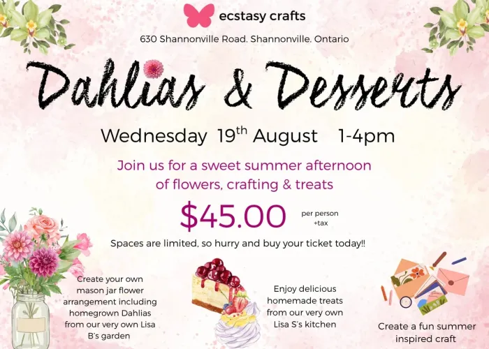 Pink and cream background, images of flowers in corners of page, image of cakes on bottom, paper and drawing materials, event details