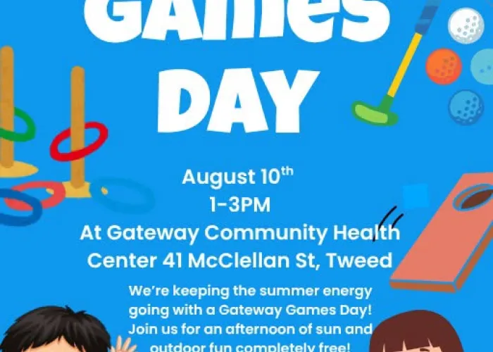Cartoon scene of two kids standing on grass, a path in between, above them blue skies with several different lawn games, butterflies, clouds, event details