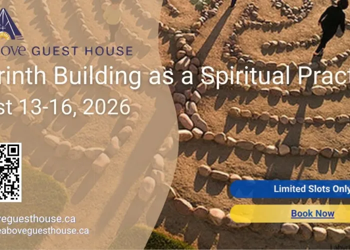 Stone labyrinth bathed in sunlight, stones casting shadows, event details and QR code
