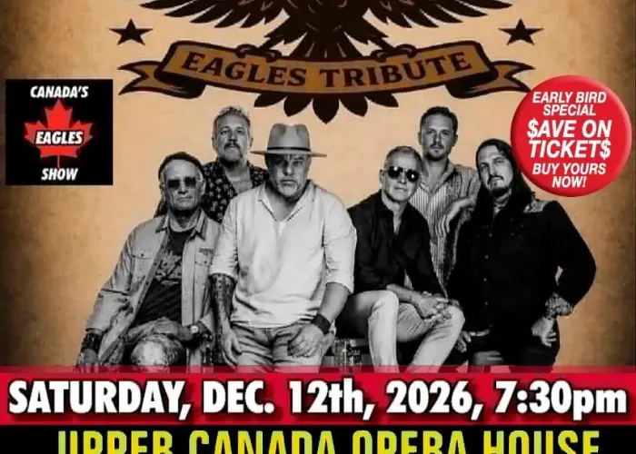 Six members of the band posing together in black and white, name of band and eagle logo in background, event and venue details
