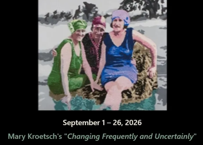 Painting of three women in old fashioned bathing suits in lake, event details