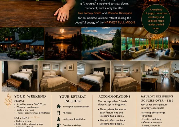 Photo of two women hugging, event details, several photos of lake during day and at night, several photos of accommodations, detailed event schedule