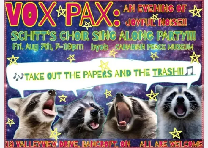 Colourful galaxy in background, four racoons singing in foreground with speech bubble, event details in colourful lettering