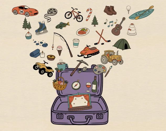 A purple suitcase with summer activities and items flying in and out of it.